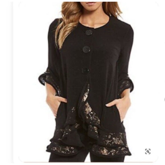 Ali Miles Blouse Jacket Women’s Large Black Metallic Button Up Ruffles Witchy - Picture 2 of 11